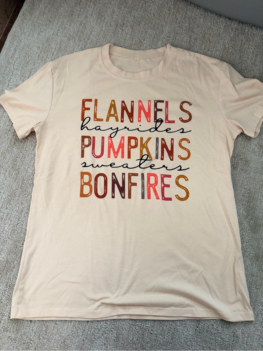 LOT of two-Graphic Tees - Cream "Flannels Pumpkins Bonfires" and Christmas Tree—